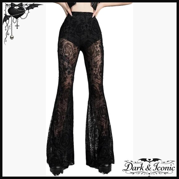 High Waisted Flare Leggings Polyester Spandex Gothic Mesh Bell Bottoms